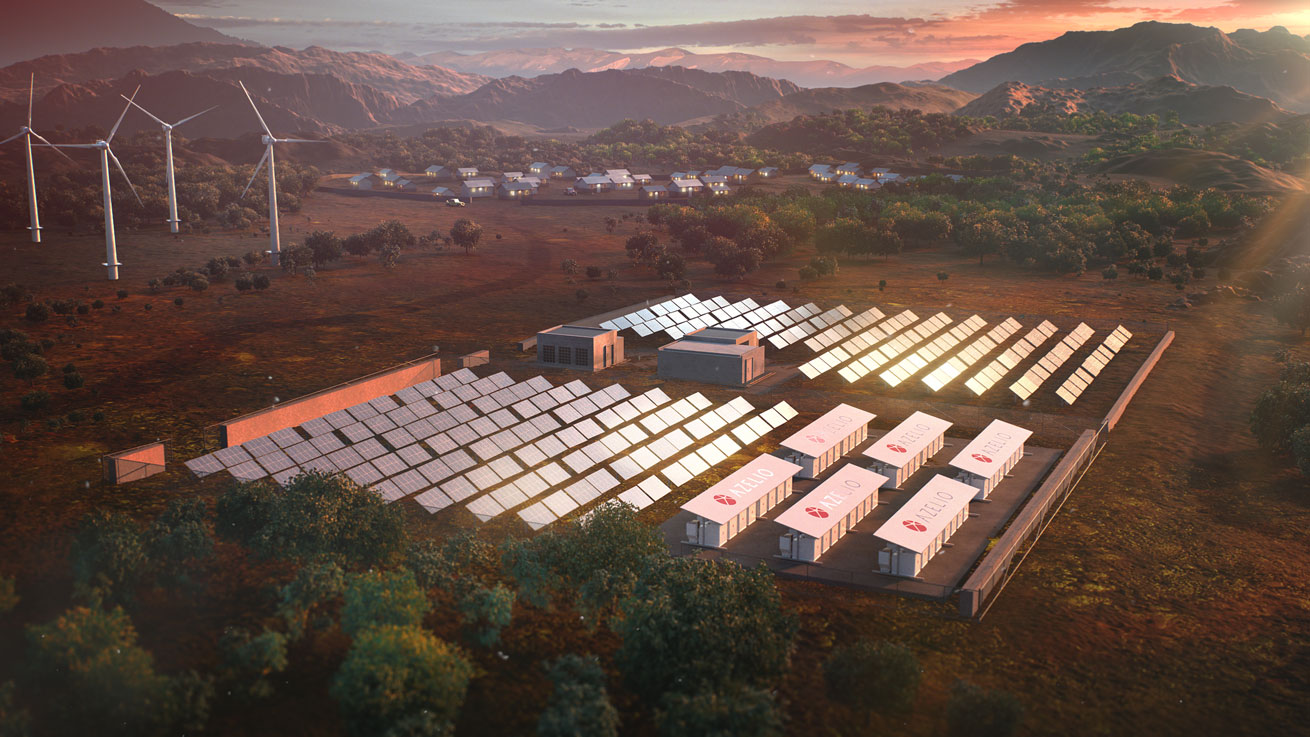 Solar panel plant with energy storage units. Photo.